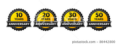 Set of 10, 20, 30, 40 years anniversary gold button, label, logo on black backgrouund. Vector illustration. Set of 10, 20, 30, 40 years anniversary gold button, label, logo on black backgrouund. Vector illustration. 86442800