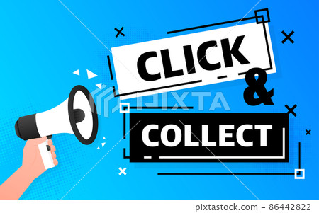 Megaphone blue banner with click collect sign. Vector illustration 86442822