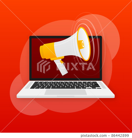 Megaphone sign with laptop. Internet advertisement. Flat vector illustration. Social media 86442899