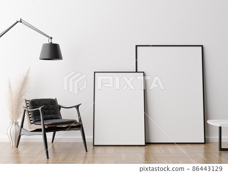 Two empty vertical picture frames in modern living room. Mock up interior in contemporary style. Free space for picture, poster. Armchair, lamp, vase with pampas grass. 3D rendering. 86443129