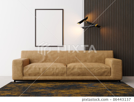 Empty vertical picture frame on white wall in modern living room. Mock up interior in contemporary style. Free space for picture, poster. Brown leather sofa, carpet, lamps. 3D rendering. 86443137