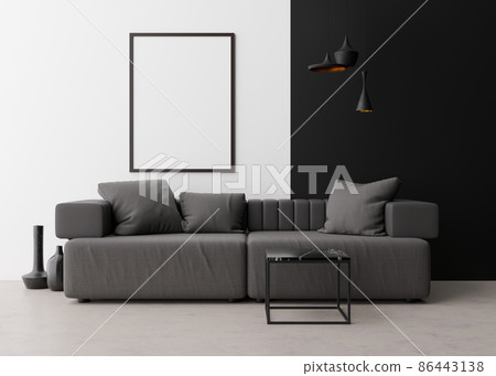 Empty vertical picture frame on white wall in modern living room. Mock up interior in contemporary style. Free space for picture. Gray sofa, black marble coffee table, lamps, vases. 3D rendering. Empty vertical picture frame on white wall in modern living room. Mock up interior in contemporary style. Free space for picture. Gray sofa, black marble coffee table, lamps, vases. 3D rendering. 86443138