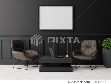 Empty horizontal picture frame on black wall in modern living room. Mock up interior in classic style. Free space, copy space for your picture. Brown leather armchairs, table, plant. 3D rendering. Empty horizontal picture frame on black wall in modern living room. Mock up interior in classic style. Free space, copy space for your picture. Brown leather armchairs, table, plant. 3D rendering. 86443139