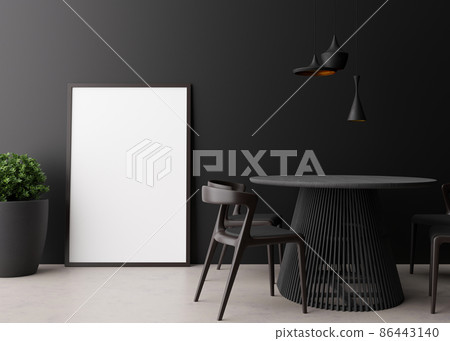 Empty vertical picture frame on black wall in modern dining room. Mock up interior in minimalist style. Free space, copy space for your picture. Dining table, chairs, lamps, plant. 3D rendering. 86443140