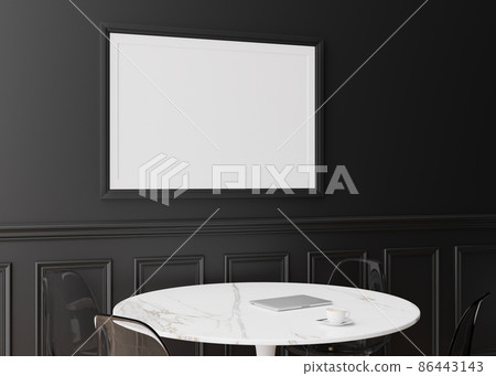 Empty picture frame on black wall in modern dining room. Mock up interior in classic style. Free space, copy space for your picture, text, or another design. Table, chairs. 3D rendering. 86443143