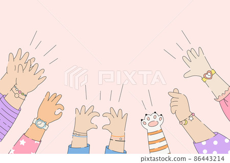 Hands up and gesture in the air. Collection of female cute cartoon. Jewelry, accessories, watches, bracelets.  cooperation, partnership, commonwealth, friendship, mutual assistance and support. 86443214