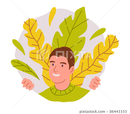Smiling Man Peeking Out of Round Window with Colorful Foliage Vector Illustration 86443333