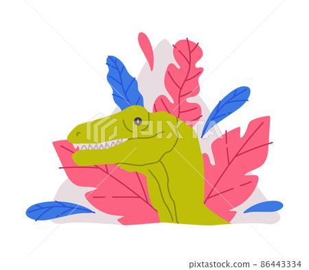 Cute Green Dinosaur Animal Peeking Out of Triangle Hole with Colorful Foliage Vector Illustration 86443334