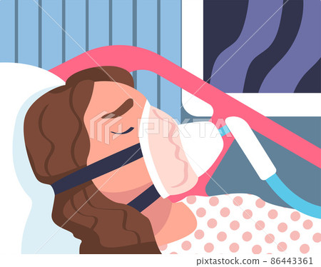 Young Woman Patient in Hospital Lying on Bed with Mask Having Artificial Lung Ventilation Being in Critical Condition Vector Illustration 86443361