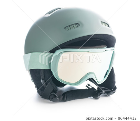 Ski or snowboarding helmet with goggles isolated on white background. 86444412