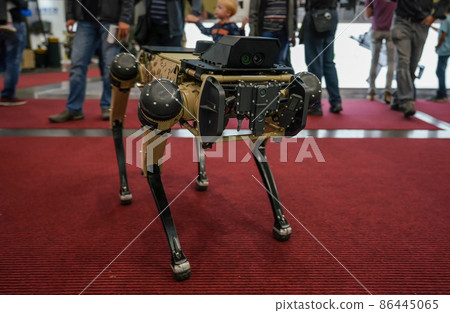 Small autonomous dog like robot walking over red carpet at military exhibition, blurred people background Small autonomous dog like robot walking over red carpet at military exhibition, blurred people background 86445065