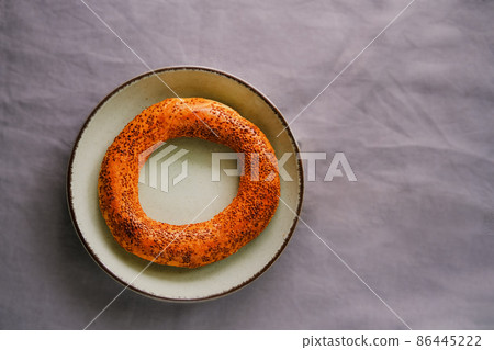 Traditional Turkish bagel pastry simit ,gevrek and fermented beverage ayran. 86445222