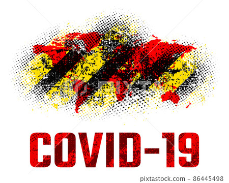 Inscription covid 19 and world map on grunge texture with 86445498