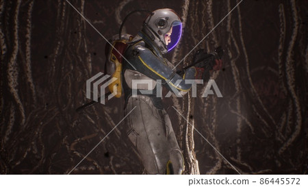 An astronaut walks through a creepy alien cave inhabited by nightmarish creatures. The concept of colonizing distant unexplored planets.The image is perfect for space, sci-fi backgrounds. 3D Rendering An astronaut walks through a creepy alien cave inhabited by nightmarish creatures. The concept of colonizing distant unexplored planets.The image is perfect for space, sci-fi backgrounds. 3D Rendering 86445572