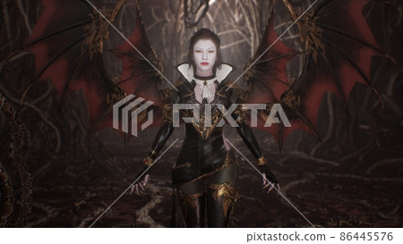 A gloomy but pretty vampire prepares for a night flight in her gothic cave with nightmarish creatures. The concept of creepy vampires. The woman was created using 3D computer graphics. 3D Rendering 86445576