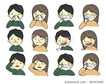Illustration set of men and women with hay fever and colds 86445660