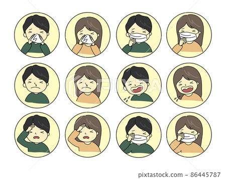 Illustration set of men and women with hay fever and colds 86445787
