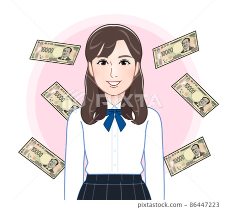 New 10,000 yen note and young woman New 10,000 yen note and young woman 86447223