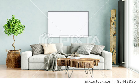 Modern interior of a room with an empty painting. Sofa and large window, wooden floor and wall. Clean lines of interior design. 3D rendering 86448859