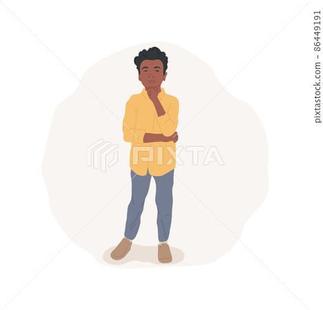 Doubt isolated cartoon vector illustration. Confused little boy having doubt, serious face expression, people psychology, kids socio-emotional development, uncertainty state cartoon vector. 86449191