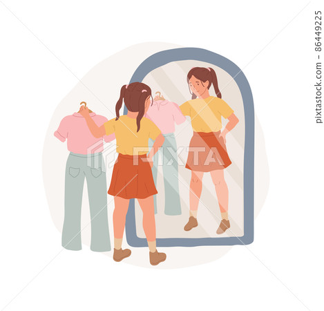 Dressing up abstract concept vector illustration. Girl dressing up for school in the morning, trying on clothes in front of mirror, people daily routine, kid going to study abstract metaphor. Dressing up abstract concept vector illustration. Girl dressing up for school in the morning, trying on clothes in front of mirror, people daily routine, kid going to study abstract metaphor. 86449225