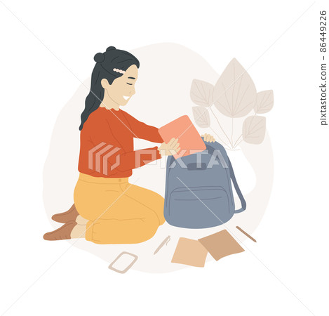 Pack a backpack abstract concept vector illustration. Smiling girl packing a bag, children daily routine, going to study, morning preparation for school, rush in the morning abstract metaphor. 86449226