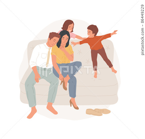 Tired parents abstract concept vector illustration. Tired adults came home from work, happy and jumpy kids around, exhausted parents, family daily routine, sleepy people abstract metaphor. Tired parents abstract concept vector illustration. Tired adults came home from work, happy and jumpy kids around, exhausted parents, family daily routine, sleepy people abstract metaphor. 86449229