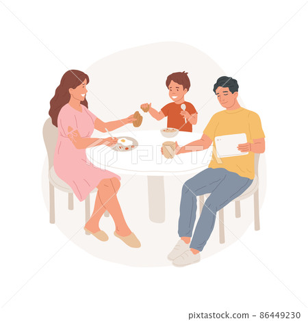 Weekend breakfast abstract concept vector illustration. Family daily routine, father reading newspaper and drinking coffee, eating breakfast together, weekend relax with family abstract metaphor. Weekend breakfast abstract concept vector illustration. Family daily routine, father reading newspaper and drinking coffee, eating breakfast together, weekend relax with family abstract metaphor. 86449230
