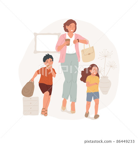 Morning rush abstract concept vector illustration. Adult in rush before work, while kids having breakfast and running around, family daily routine, coffee on the go abstract metaphor. Morning rush abstract concept vector illustration. Adult in rush before work, while kids having breakfast and running around, family daily routine, coffee on the go abstract metaphor. 86449233