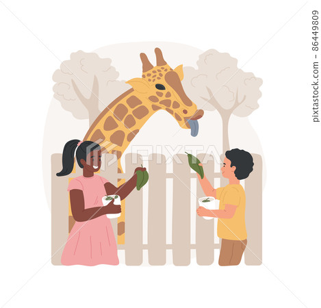 Feeding giraffe isolated cartoon vector illustration. Visiting a zoo, kid giving food to giraffe, animal feeding station, wildlife experience for children, family travel cartoon vector. 86449809