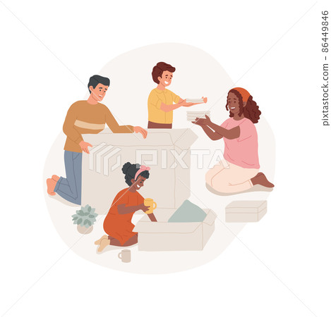 Unboxing items isolated cartoon vector illustration. Family moving to a new house, kids help to unbox household items, happy parents open box, home renovation, unpacking cartoon vector. 86449846