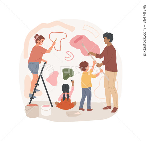 Painting the walls indoors isolated cartoon vector illustration. Happy family members painting a room in bright color, doing home renovation together, children help parents cartoon vector. Painting the walls indoors isolated cartoon vector illustration. Happy family members painting a room in bright color, doing home renovation together, children help parents cartoon vector. 86449848