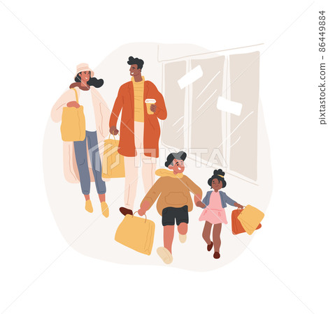 Shopping with kids isolated cartoon vector illustration. Happy children run with bags, family at shopping mall, parents and kids make purchases together, happy customers cartoon vector. 86449884