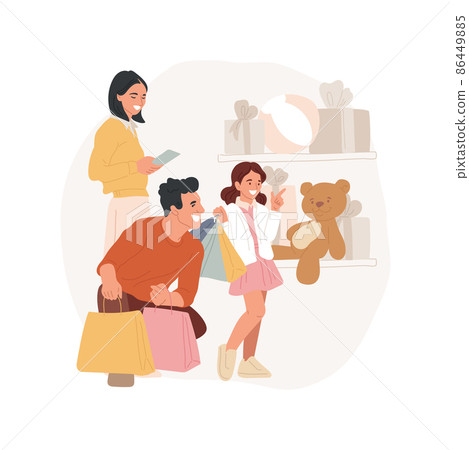Shopping wish list isolated cartoon vector illustration. Happy child pointing at a toy in a shop window, mom holding a paper with wish list, family shopping time, buying gifts cartoon vector. Shopping wish list isolated cartoon vector illustration. Happy child pointing at a toy in a shop window, mom holding a paper with wish list, family shopping time, buying gifts cartoon vector. 86449885