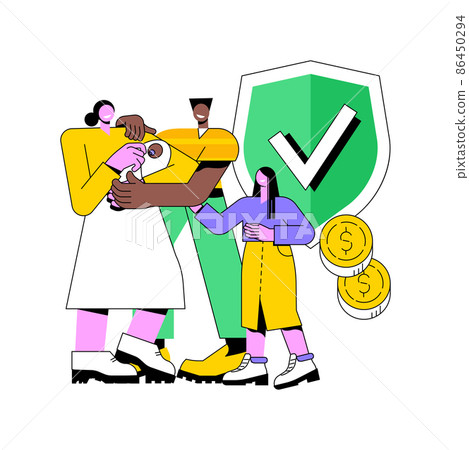 Social security abstract concept vector illustration. Social security benefit, state allowance, retirement insurance, happy disabled person, old, elderly couple, sign agreement abstract metaphor. 86450294