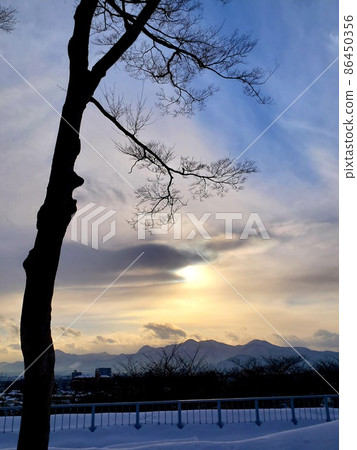 Sunset seen from the ruins of Morioka Castle in Morioka City, Iwate Prefecture [January] 86450356