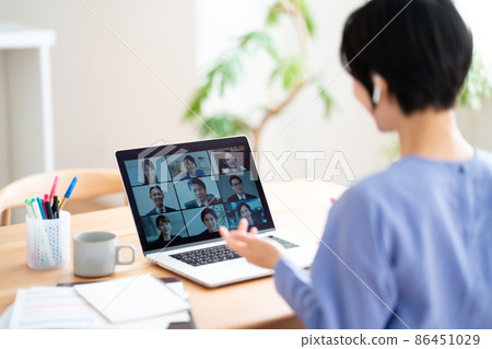 Woman having an online meeting with remote work Woman having an online meeting with remote work 86451029