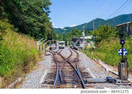 從避暑高原度假勝地清裡的鐵路道口看到的 JR 清里站 從避暑高原度假勝地清裡的鐵路道口看到的 JR 清里站 86451275