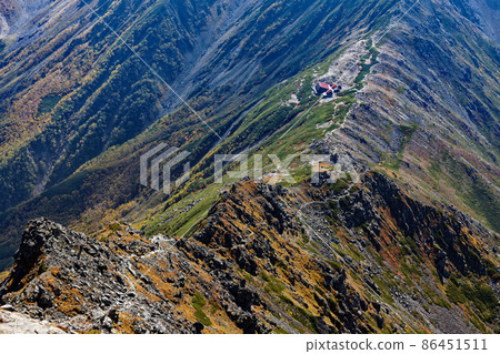從秋色的南阿爾卑斯山北嶽山頂看到的艾野山和北嶽山莊的垂直跑道 86451511