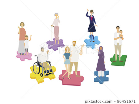 Illustrations of various people riding puzzles 86451671