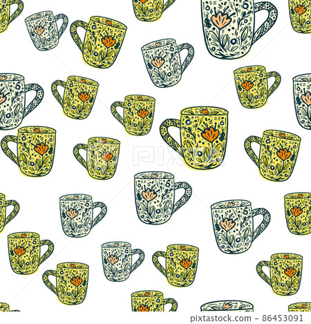 Cute mugs seamless pattern. Background of teatime. Cute mugs seamless pattern. Background of teatime. 86453091