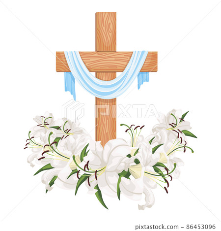 Cross with lilies isolated on white background. Religious symbols wooden cross, white lily and fabric. Cross with lilies isolated on white background. Religious symbols wooden cross, white lily and fabric. 86453096