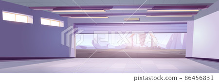 Empty garage interior with view spaceship or rig 86456831
