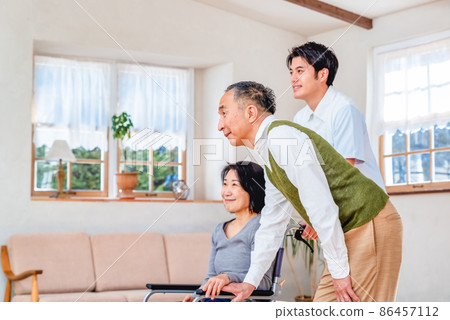 Rehabilitation Center A certified care worker and an elderly couple Rehabilitation Center A certified care worker and an elderly couple 86457112