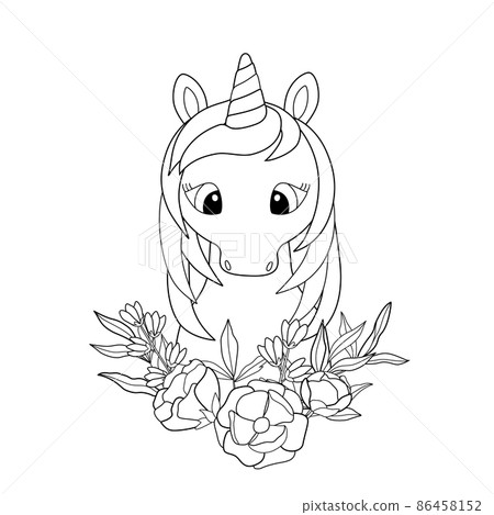 Kids coloring book with cute unicorn and flowers. Simple shapes, outline for small children, template for greeting cards. Cartoon vector illustration. Kids coloring book with cute unicorn and flowers. Simple shapes, outline for small children, template for greeting cards. Cartoon vector illustration. 86458152