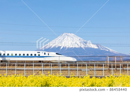 “靜岡縣”富士山和新幹線俯瞰油菜田 86458440