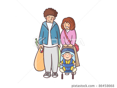 A young couple (people only) who went shopping at the supermarket with their baby in a stroller A young couple (people only) who went shopping at the supermarket with their baby in a stroller 86458668