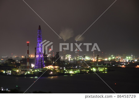 Illumination of the Kitakyushu Iron Tree before dismantling and night view of Nippon Steel & Sumitomo Metal Yawata Works as seen from Tamukeyama Park in Kitakyushu City Illumination of the Kitakyushu Iron Tree before dismantling and night view of Nippon Steel & Sumitomo Metal Yawata Works as seen from Tamukeyama Park in Kitakyushu City 86458729