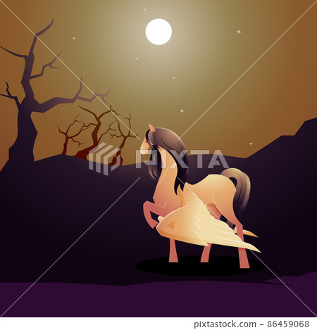 Beautiful Pegasus Winged Horse Walk in Night Forest Moon Epic Illustration Beautiful Pegasus Winged Horse Walk in Night Forest Moon Epic Illustration 86459068