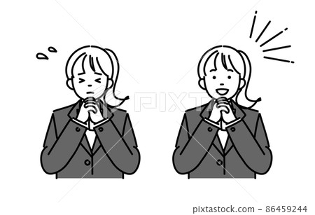 Monochrome illustration 2 pose set of high school girls or junior high school girls who are impatient or happy with their hands folded 86459244